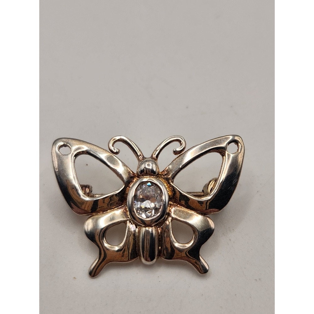 925‎ Sterling Silver Butterfly Brooch Pin Clear Cubic Zirconia Stone Small 2.5cm